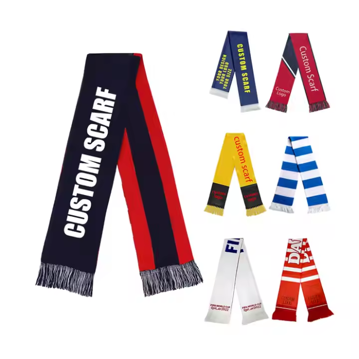 Custom promotional items knitted fan scarves in team colors used by supporters during soccer and rugby tournaments
