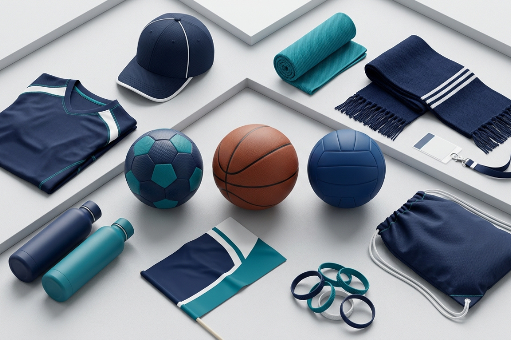 Custom promotional items for sports events including jerseys, wristbands, bottles, scarves, caps, and tournament giveaways