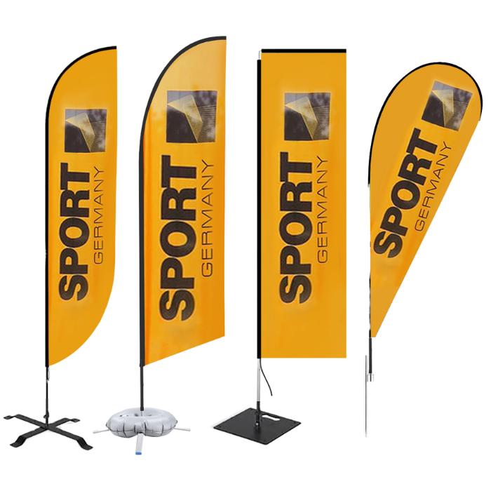 Custom promotional items team flags and banners with sponsor logos displayed at sports tournaments and stadium events